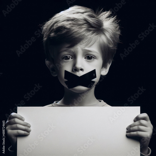 Little boy with gagged mouth holding white poster on solid black background. ai generative