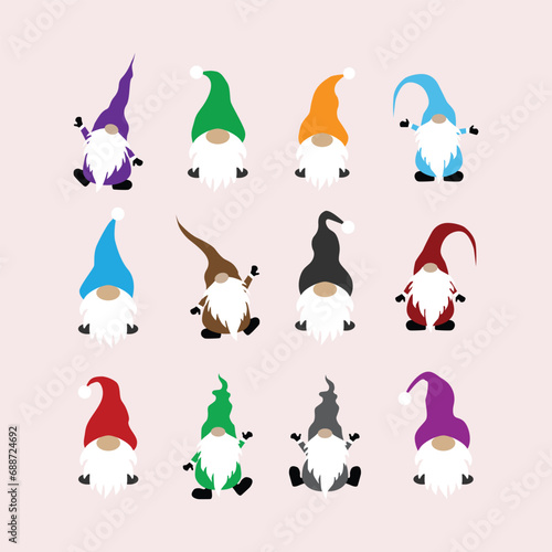 Christmas gnome, Scandinavian gnome. Set of gnomes in different poses and in costumes of different colors on light beige background. Vector