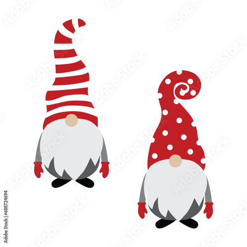 Christmas gnome, Scandinavian gnome. Two gnomes in red caps on white. Vector illustration