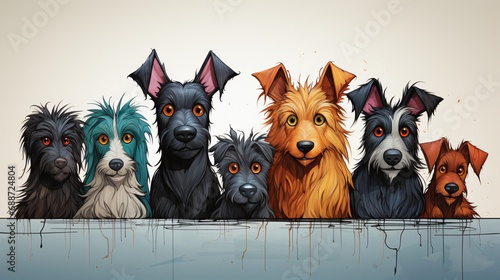A variety of colored dogs on a white background, different breeds, colors, sizes, choose any dog, sign or poster.