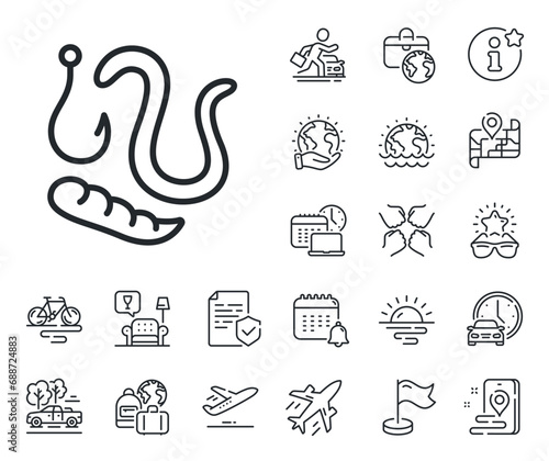 Fishing hook with worms sign. Plane jet, travel map and baggage claim outline icons. Maggots lure line icon. Fishhook bait symbol. Worms line sign. Car rental, taxi transport icon. Vector