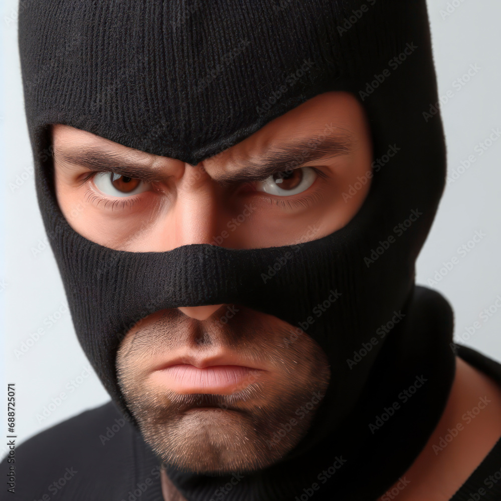 Portrait of angry Man in a robber mask on a white background. ai generative Portrait of angry Man in a robber mask on a white background. ai generative