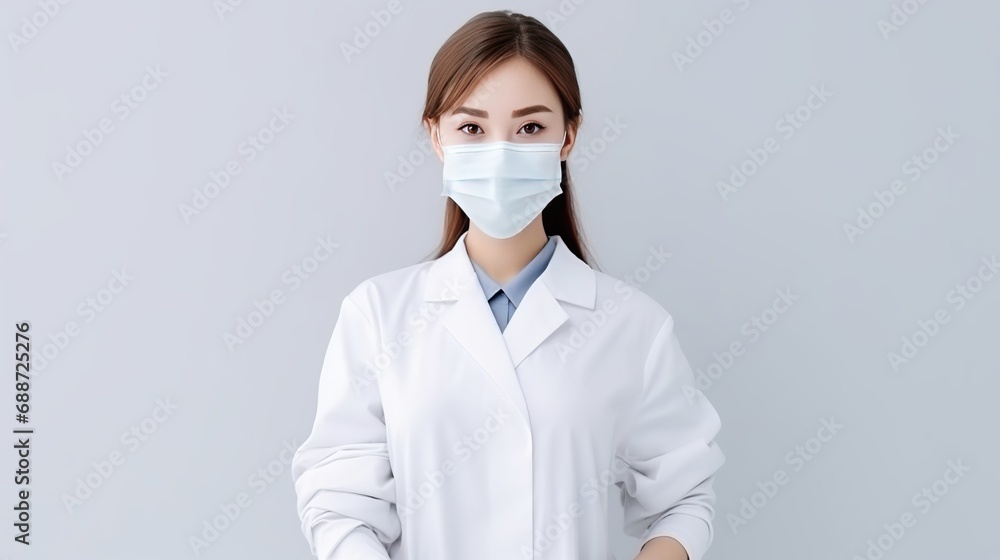 A photo of a young female doctor wearing a white medical suit and protecting mask with a stethoscope and pills against a white background. A photo of a young female doctor wearing a white medical suit and protecting mask with a stethoscope and pills against a white background.