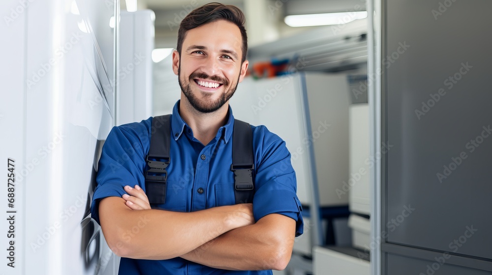A plumber dressed in overalls, who is attractive, is holding a wrench and crossing his arms on a white background. A plumber dressed in overalls, who is attractive, is holding a wrench and crossing his arms on a white background.