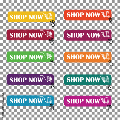 shop now button with shopping cart.Modern collection for website. Online shopping. Click here, apply, buttons hand pointer clicking. Web design.