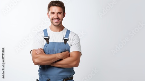 A plumber dressed in overalls, who is attractive, is holding a wrench and crossing his arms on a white background.