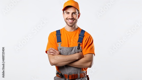 A plumber dressed in overalls, who is attractive, is holding a wrench and crossing his arms on a white background.