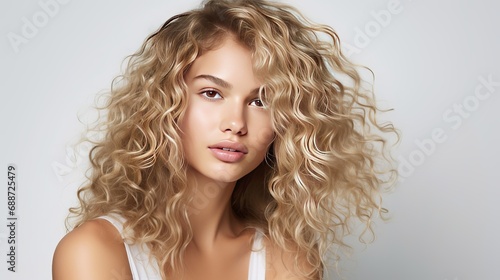 A portrait of an attractive woman with long blond curly hair is juxtaposed against a white wall.