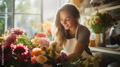 A woman who is attractive is in the process of arranging flowers in a floral shop.