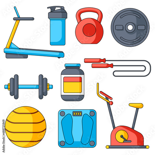 Set of fitness equipment. Sport bodybuilding items illustrations.