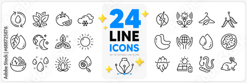Icons set of Animal tested, Salad and Cashew nut line icons pack for app with Maggots, Water analysis, Organic tested thin outline icon. Refill water, Worms, Fair trade pictogram. Vector photo
