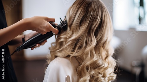 A woman's hair is being curled by a barber.