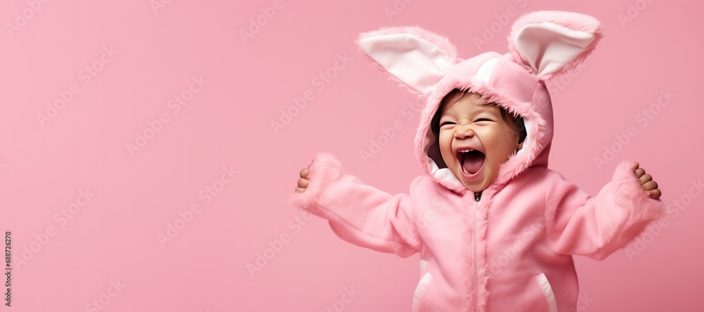 Cute Baby Wearing a Bunny Suit on a Pink Background with Space for Copy Cute Baby Wearing a Bunny Suit on a Pink Background with Space for Copy