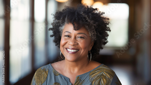 Beautiful african american lady in her early 50s, kind and pleasant, curly hair, smiling sincerely. photo
