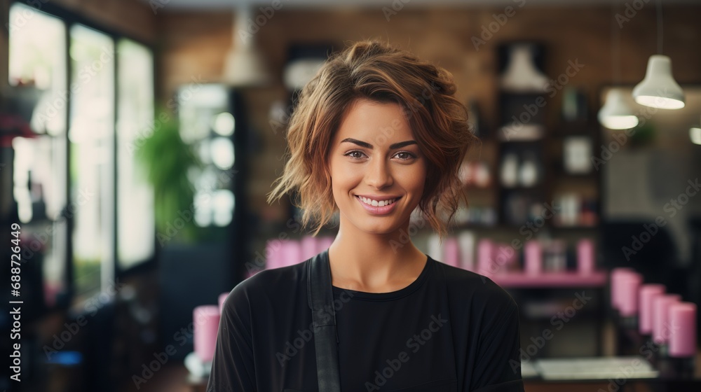 A young woman hairdresser is seen smiling on green wearing a pink shirt and black cape and holding a brush and scissors in front of the camera. A young woman hairdresser is seen smiling on green wearing a pink shirt and black cape and holding a brush and scissors in front of the camera.