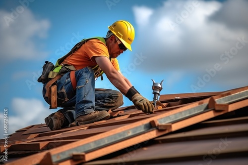 Construction worker wearing safety harness belt during working on roof structure. Roofer working. © kilimanjaro 