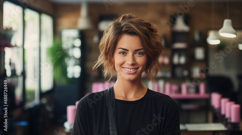 A young woman hairdresser is seen smiling on green wearing a pink shirt and black cape and holding a brush and scissors in front of the camera. photo
