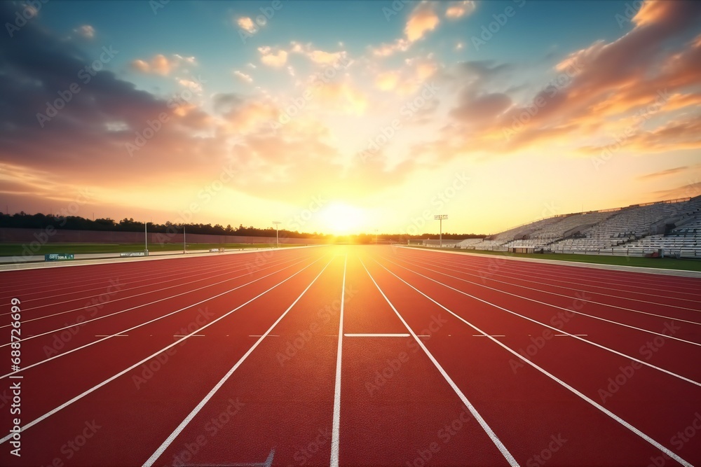 Running Track in sunset time. running track and modern grandstand in stadium. New beginning - obrazy, fototapety, plakaty 