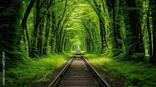 I have a strong fondness for traveling along a railroad that runs through a spring forest tunnel full of green trees.