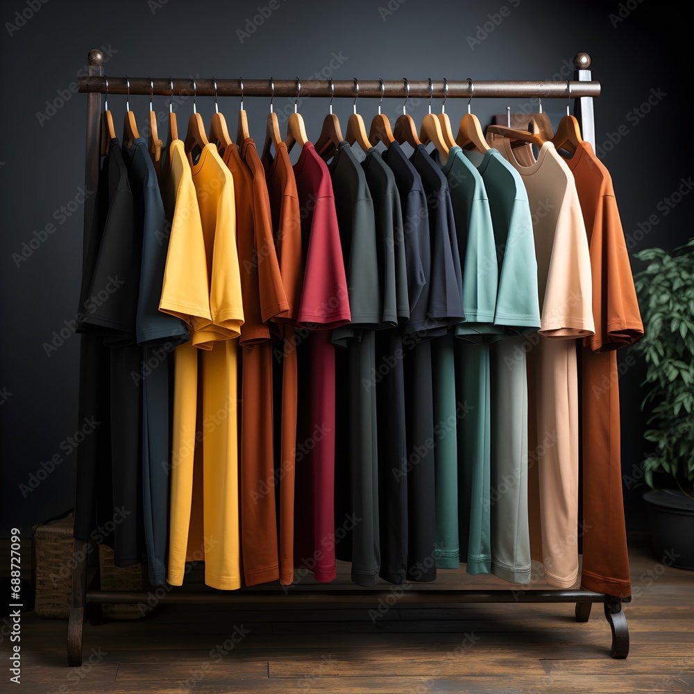 A rack with hangers holding a variety of shirts in different color shades. A rack with hangers holding a variety of shirts in different color shades.