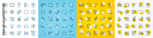 Vector icons set of Project edit, Globe and File storage line icons pack for web with Blog, Calendar, People chatting outline icon. Mobile survey, Instruction manual. Vector