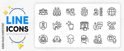 App settings, Yoga and Consulting line icons set for app include Opinion, Inspect, Group people outline thin icon. Teamwork, Global business, User notification pictogram icon. Vector