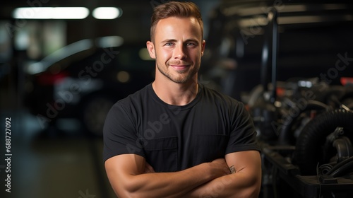 A picture of a young mechanic holding a wrench and smiling while ready to fix cars.