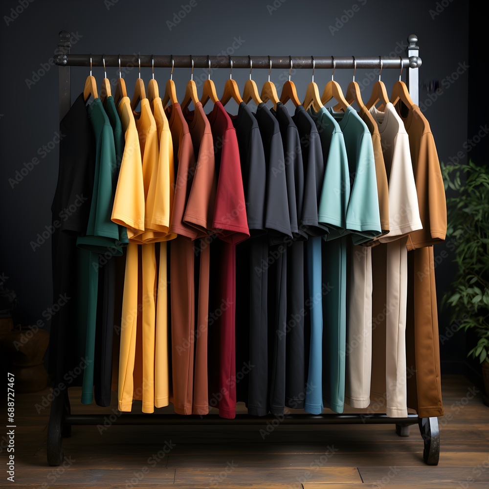 A rack with hangers holding a variety of shirts in different color shades. A rack with hangers holding a variety of shirts in different color shades.