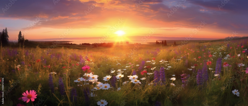 Sunset background of meadows and flowers. Nature spring background. Flower background with sunset.