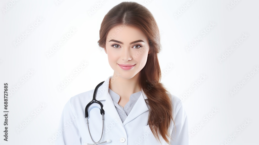 A white portrait of a young female doctor. A white portrait of a young female doctor.
