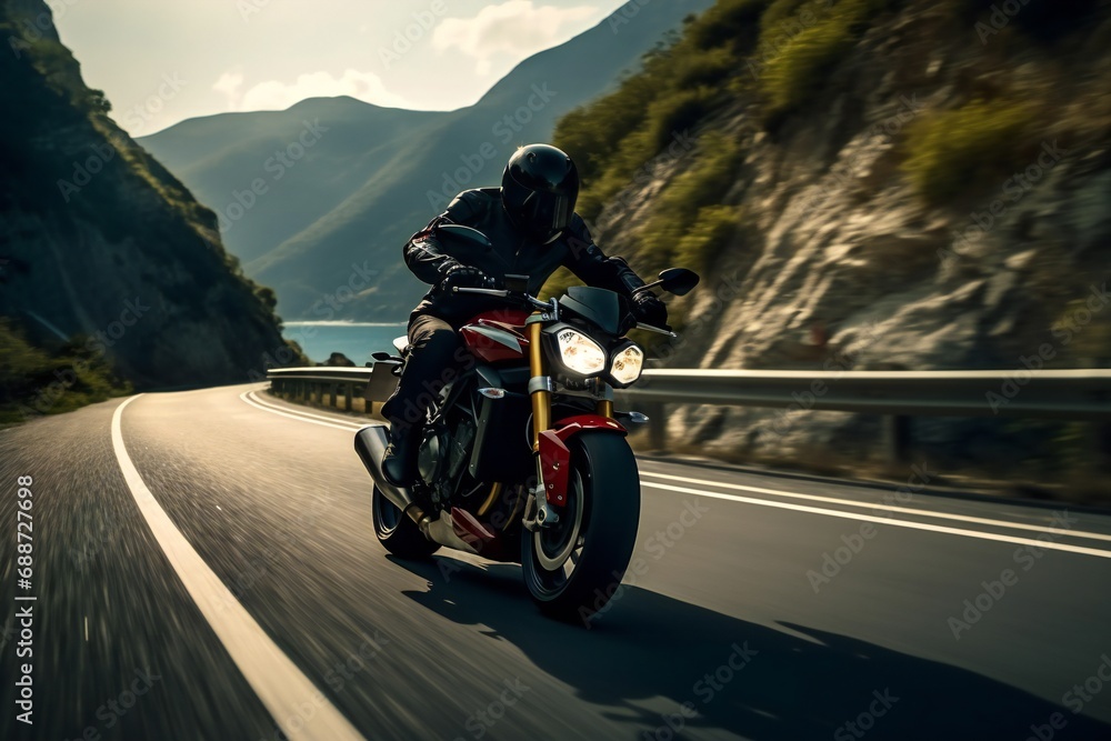 Man rides a motorcycle in a curved asphalt road with rural and mountain background