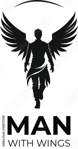 angel with wings logo vector art, Man with wings concept logo design. Flying human, angel creative sign, , Angel wings. Abstract flying man logo design. Bird wings vector illustration.