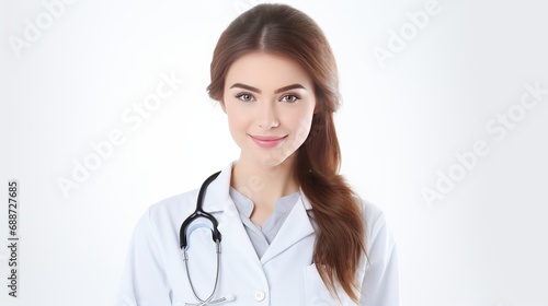 A white portrait of a young female doctor.