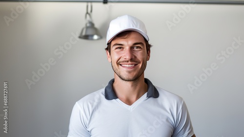 A white background is seen in this portrait of a young and handsome contractor conducting a home inspection.