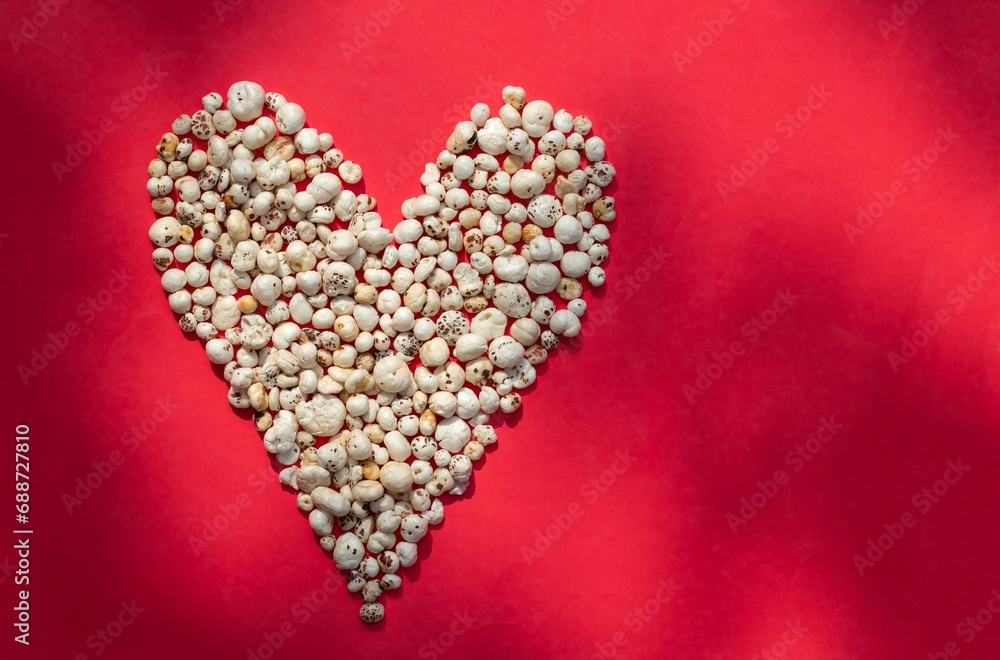 Heart Shape Created with Makhana or Fox Nut on Red Background with Copy Space, Also Known as Lotus Seed Pop, Euryale Ferox or Gorgon Nut Heart Shape Created with Makhana or Fox Nut on Red Background with Copy Space, Also Known as Lotus Seed Pop, Euryale Ferox or Gorgon Nut