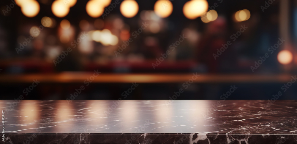 Empty dark black marble table and blurred background of hall of stage bar. bokeh lights Empty dark black marble table and blurred background of hall of stage bar. bokeh lights