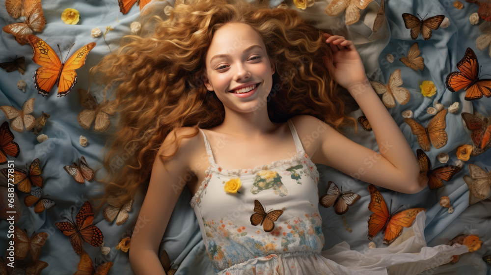 beautiful happy girl with red lush hair lies on the bed surrounded by butterflies. View from above.