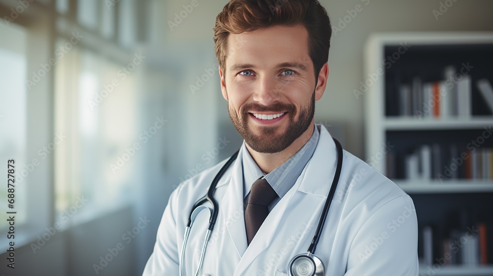 A young male doctor smiling and holding a stethoscope is depicted in the portrait. A young male doctor smiling and holding a stethoscope is depicted in the portrait.