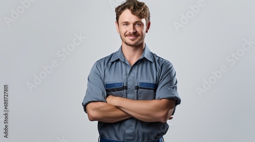 A young mechanic wearing overalls and holding a wrench while working on a white background is depicted in this portrait.