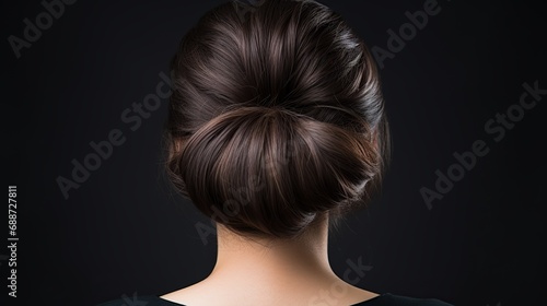A woman's hairstyle is isolated on white in the rear view.