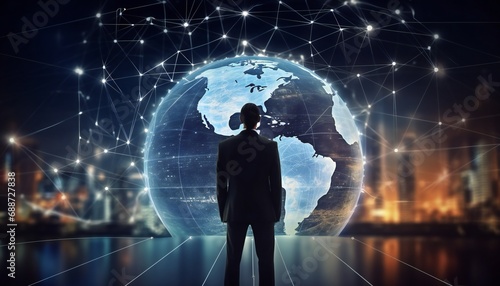 a businessman standing backwards agains the globe background. A man in a business suit thinking photo