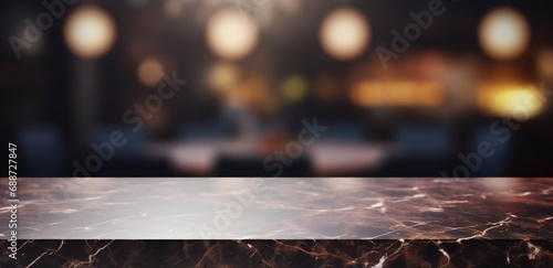 Empty dark black marble table and blurred background of hall of stage bar. bokeh lights photo