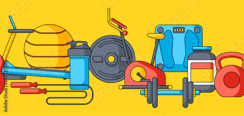 Pattern with fitness equipment. Sport bodybuilding items illustration.