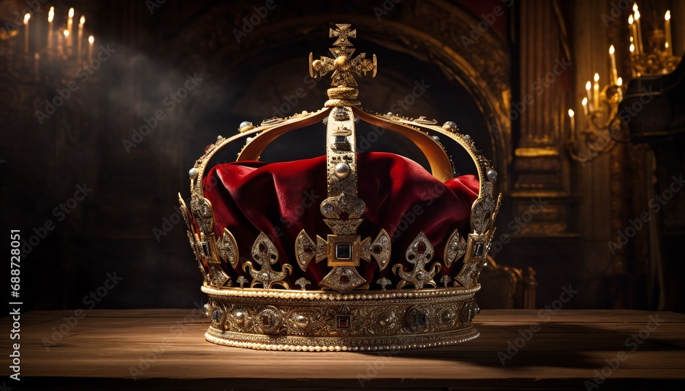 The Royal Coronation Crown Isolated on a Black Background. Red Velvet. vertical orientation - obrazy, fototapety, plakaty 