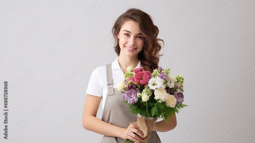 The image depicts a professional gardener or florist wearing an apron and holding flowers in a pot isolated on a white background. The image depicts a professional gardener or florist wearing an apron and holding flowers in a pot isolated on a white background.