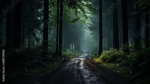 A dark forest with greenery surrounding it and a small amount of light coming from above is the location of the curvy, narrow, and muddy road.