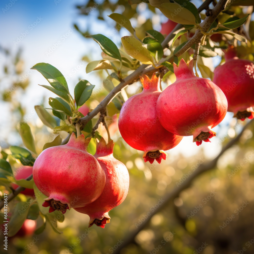 fresh red pomegranate on tree branch at farm fresh red pomegranate on tree branch at farm