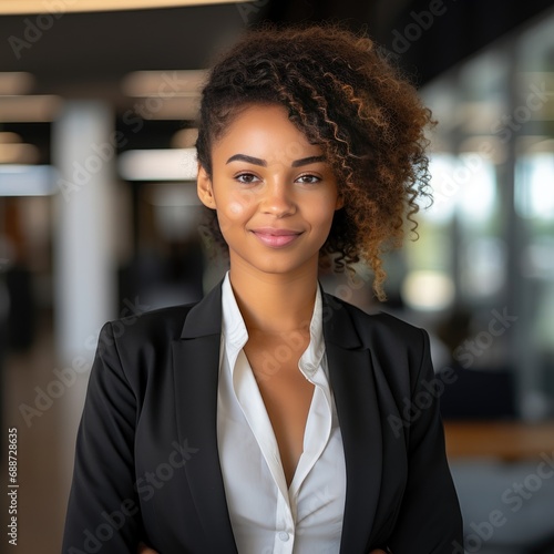 african american woman standing in a office, professional business photo, mockup photo for business related purposes, black female executive