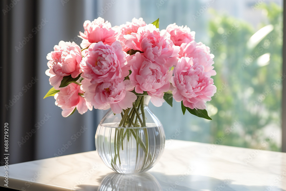 Bouquet of pink peonies in a vase on a wooden table,ai generated