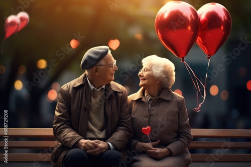 Un couple sénior sur un banc amoureux avec un ballon rouge